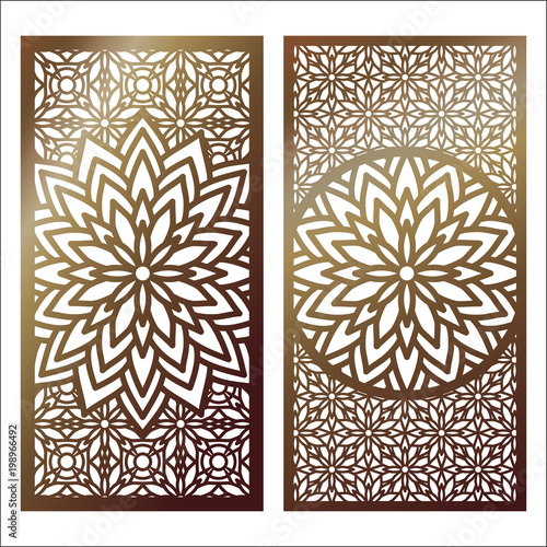 Set of Vector Laser cut panel. Pattern template for decorative panel. Fretwork floral oriental patterns with mandala. Wall art decor. Stock vector.