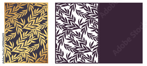 Trendy Laser cut ornamental vector template. Die cut paper card with openwork ornament with golden Olive Branches. 