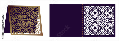 Laser cut ornamental vector template. Luxury square greeting card, envelope or wedding invitation card template. Die cut paper card with openwork ornament. 