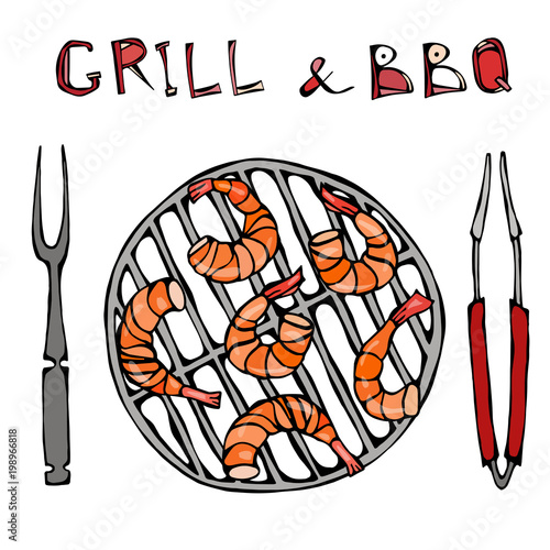 Srimpes Kebab on a BBQ Grill with Tongs and Fork. Seafood Barbecue Summer Party. Prewen on Grill. Realistic Hand Drawn Illustration. Savoyar Doodle Style.