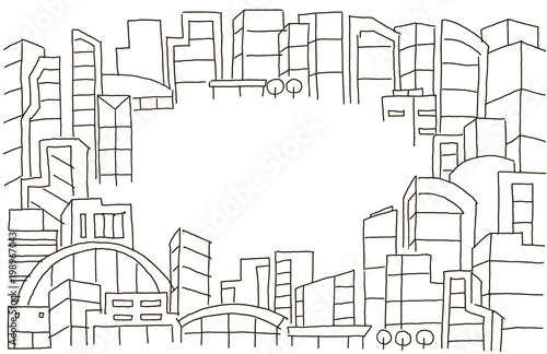 Background for text on the rental of real estate sketch. Apartment house in a circle frame. Hand drawn black line. Flat vector illustration stock clipart