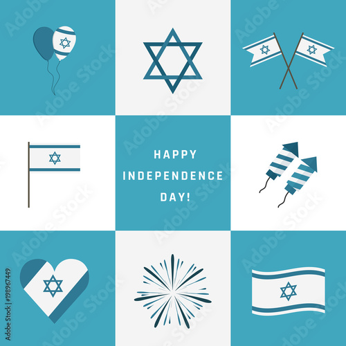 Israel Independence Day holiday flat design icons set with text in english