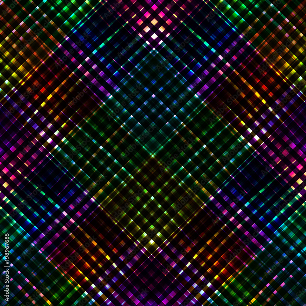 A rainbow coloured iridescent pixel background in diagonal grid. Abstract holographic spectrum artwork. For creative design cover web and print