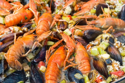 Spanish Seafood Paella with Prawns Mussels and crayfish