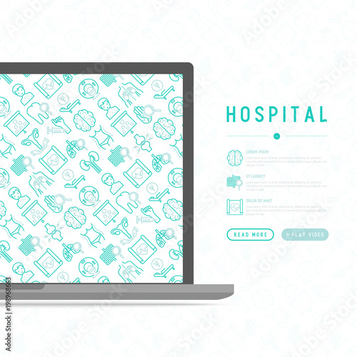 Hospital concept with thin line icons for doctor s notation  neurologist  gastroenterologist  manual therapy  ophtalmologist  cardiology  allergist  dermatologist  dentist. Vector illustration.
