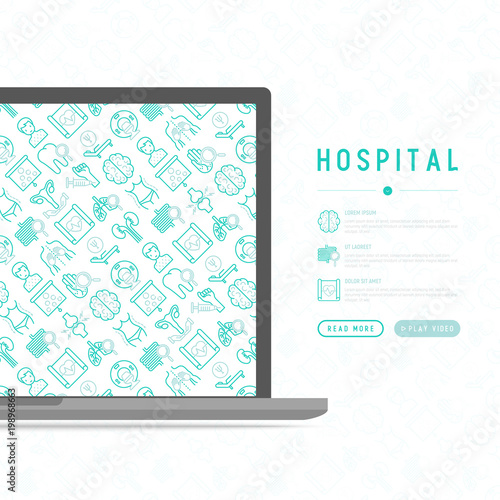 Hospital concept with thin line icons for doctor's notation: neurologist, gastroenterologist, manual therapy, ophtalmologist, cardiology, allergist, dermatologist, dentist. Vector illustration.
