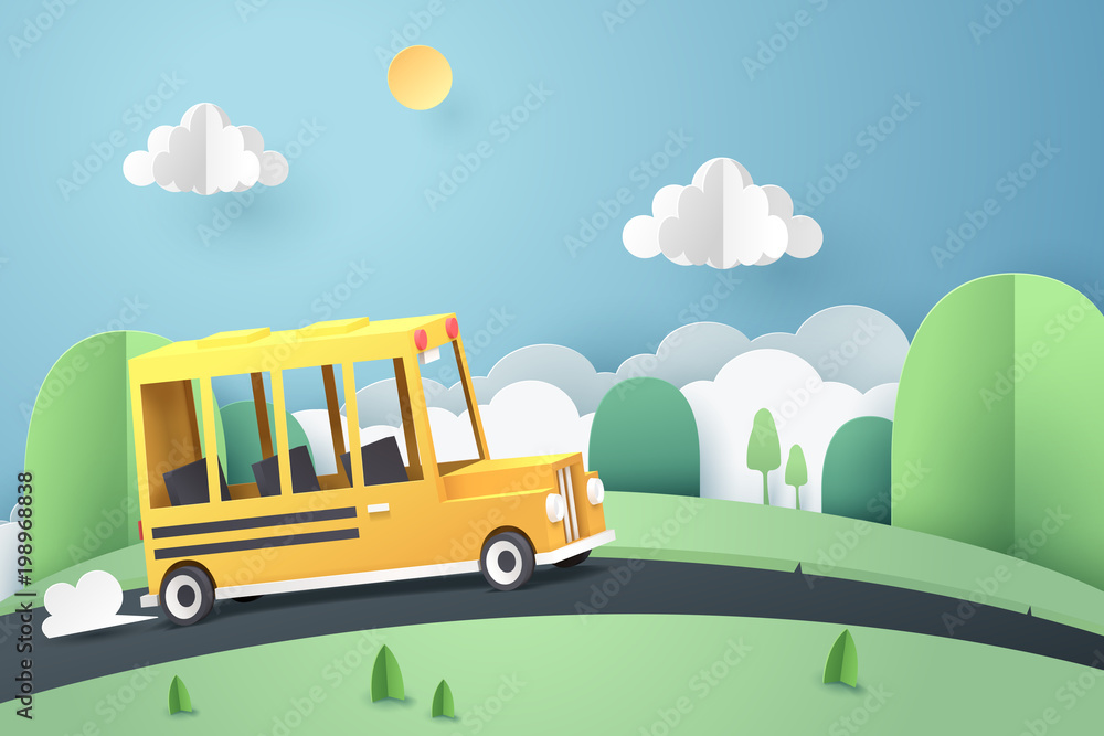 Paper art of school bus running on country road