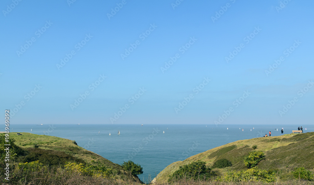 people enjoy of bucolic landscape of vegetation with the sea on the horizon