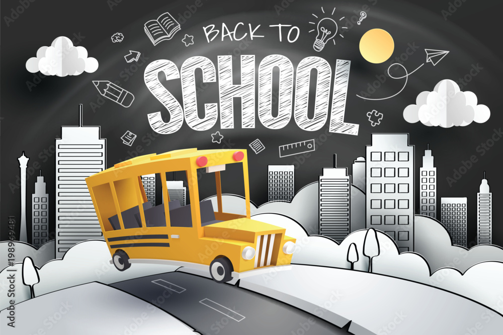 Paper art of school bus running out from city to school with blackboard