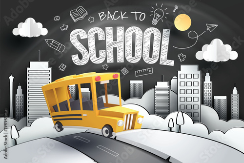 Paper art of school bus running out from city to school with blackboard
