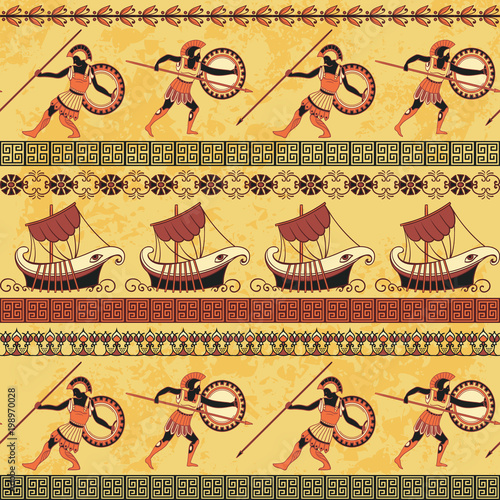 Seamless pattern with ancient greek ships, fighting people and ornament. Traditional ethnic background. Vintage vector illustration 