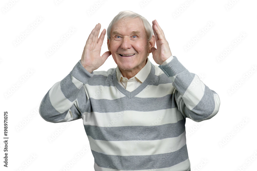 Hands up, kind smiling senior man. Old grandfather fooling around, white isolated background. Hands up, kind smiling senior man. Old grandfather fooling around, white isolated background.