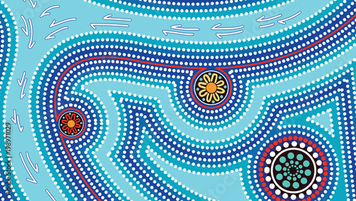 River, Connection concept, Aboriginal art vector background with river, Landscape Illustration of aboriginal river