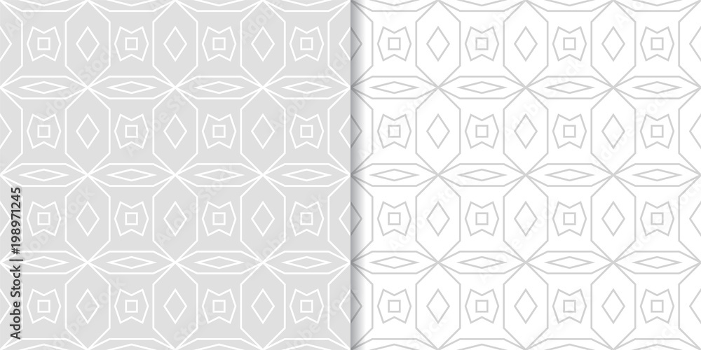 Light gray geometric ornaments. Set of seamless patterns Light gray geometric ornaments. Set of seamless patterns