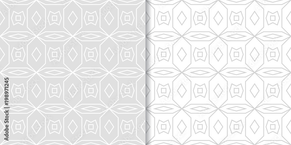 Light gray geometric ornaments. Set of seamless patterns