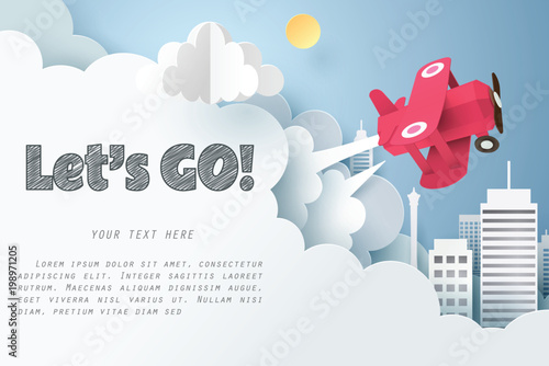 Paper art of red air plane flying out from cloud with let's go text and copy space, Origami idea and start up or adventure concept