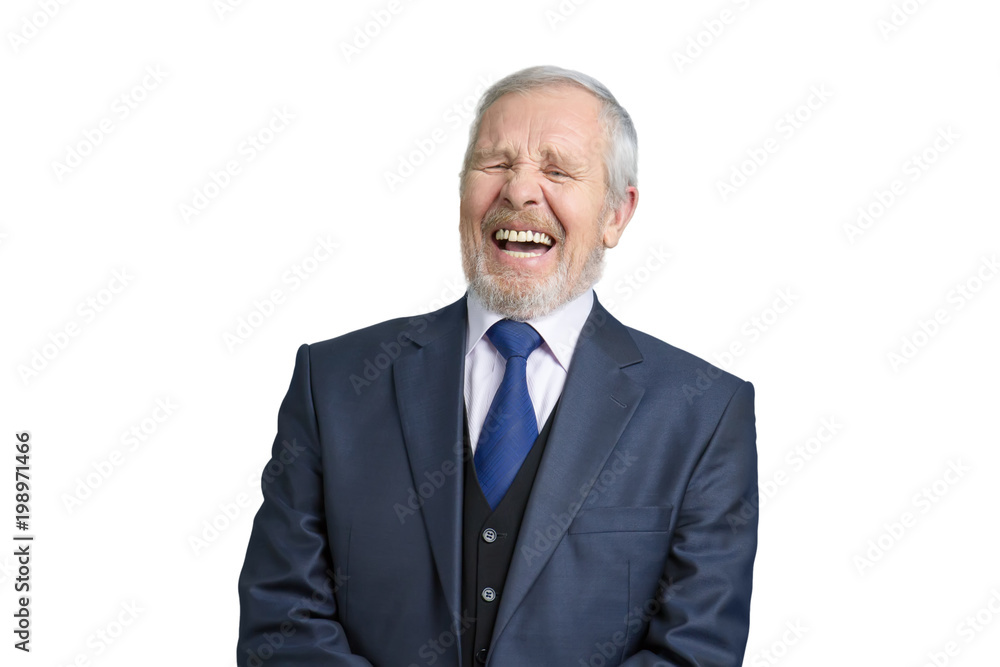 Senior businessman laughing hard. Portrait of old grey haired man in suit. White isolated bacgrkound. Senior businessman laughing hard. Portrait of old grey haired man in suit. White isolated bacgrkound.