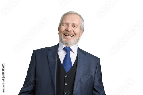 Portrait of laughing business man. Caucasian smiling man with grey hair. White isolated background.