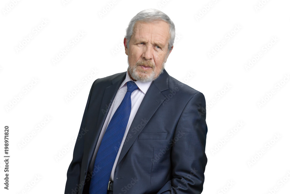 Earnest serious old business man. Successful smart man looks gravely. White isolated background. Earnest serious old business man. Successful smart man looks gravely. White isolated background.