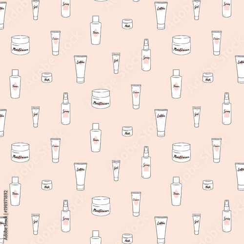 Set of skin care pattern with cream,lotion,gel,toner,spray,mask,moisturizer.Packaging pot on pink background. Hand drawn vector illustration.White plastic cosmetic jar product.