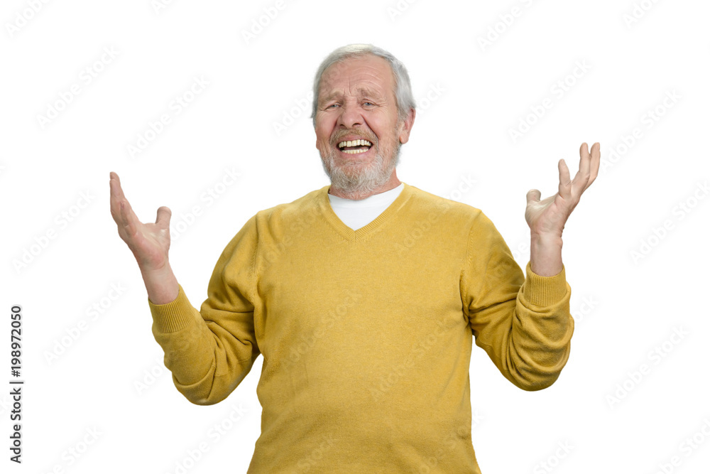 Portrait of disappointed old man. Hands up. White isolated background. Portrait of disappointed old man. Hands up. White isolated background.