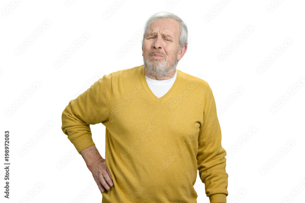 Old man having back pain. White isolated background for keying. Old man having back pain. White isolated background for keying.
