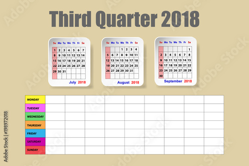 Calendar for the third quarter of 2018 year with the weekly schedule