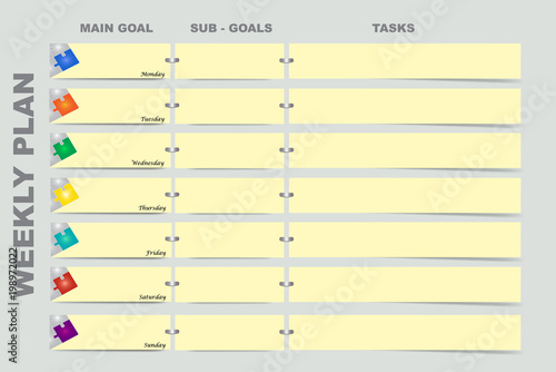 Weekly schedule for main goals, sub goals and tasks
