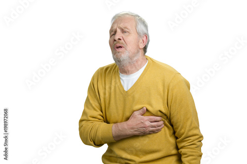 Old grandpa having heart pain. Old man suffering from heart attack. White isolated backgorund.