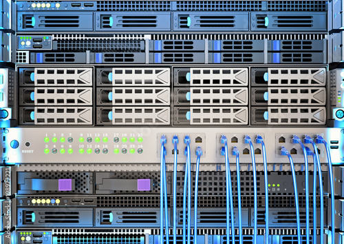Network, internet and cloud data storage technology concept, closeup view of telecommunication equipment and computer hardware in server room
