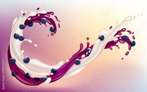 Blueberry and yogurt. Fruits and splashes. Splashes of milk and blueberry jam are intertwined. Transparent blueberry splash. Realistic Vector illustration.