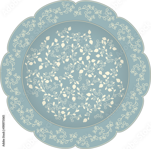 Vector decorative ceramic or porcelain plate with round ornament in ethnic oriental style. Abstract floral lace pattern with pomegranates. Intricate, fanciful ornate dish. Vector illustration.