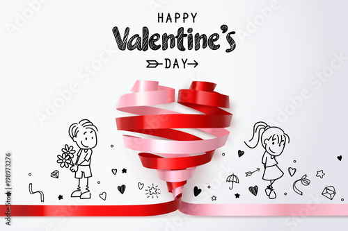 Twirl red and pink heart ribbon and couple doodles