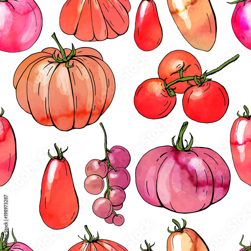 Seamless pattern with various sorts of tomato. Endless texture with watercolor effect.