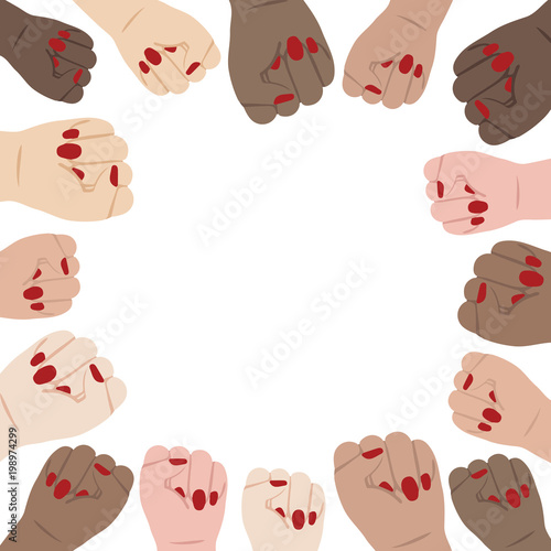 Hand drawn vector illustration of woman hands clenched fist with blank space for text on white background.Empty space inside border frame.