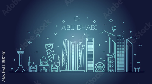 Abu Dhabi city line art Vector illustration with all famous buildings. Cityscape.