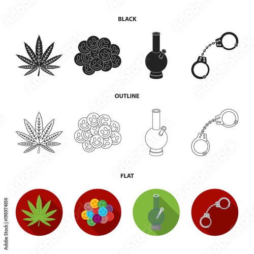 Hemp leaf, ecstasy pill, handcuffs, bong.Drug set collection icons in black,flat,outline style vector symbol stock illustration web.