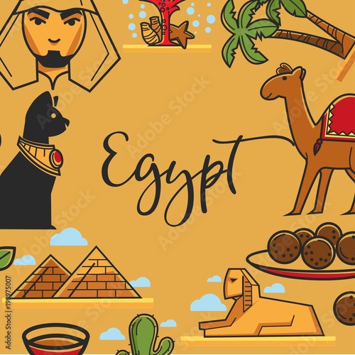 Egypt symbols vector poster of Egyptian travel landmarks and famous sightseeing attractions