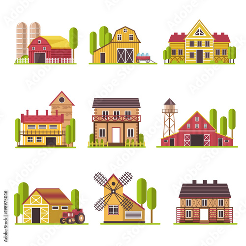 Farm house with grain and fodder barn or cattle corral vector cartoon flat icons set
