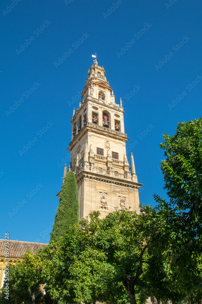 a view of the bell tower of the Cathedral in Cordoba, Spain