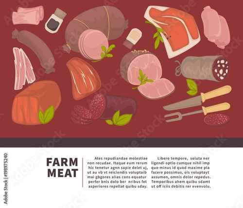 Farm meat and sausages products vector poster for butchery delicatessen shop or market