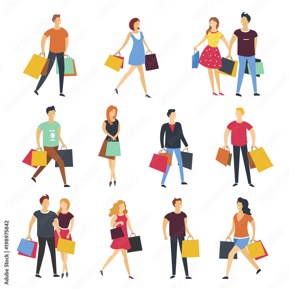 People shopping with shop bags vector cartoon flat isolated icons set