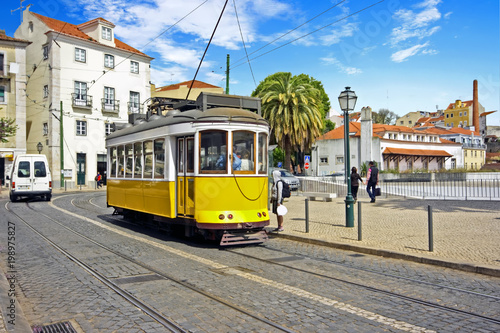 Historical tram driving in Lisbon Portugal