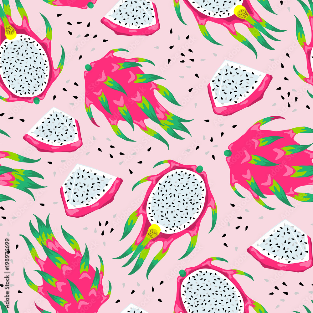 Naklejka Seamless pattern with dragon fruits isolated on pink background. Vector Illustration of the exotic tropical pitayas.