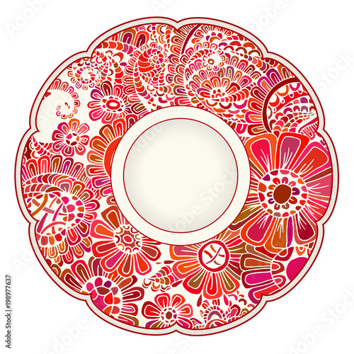 Abstract floral lace pattern with hand drawn flowers. Vector decorative ceramic or porcelain plate with round ornament in ethnic oriental style. Intricate, fanciful ornate dish. Doodle illustration.