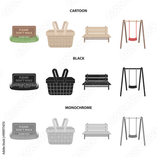 Lawn with a sign, a basket with food, a bench, a swing. Park set collection icons in cartoon,black,monochrome style vector symbol stock illustration web.