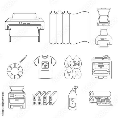 Typographical products outline icons in set collection for design. Printing and equipment vector symbol stock web illustration.