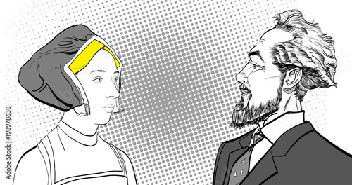 Medieval woman and bearded man. Portrates.