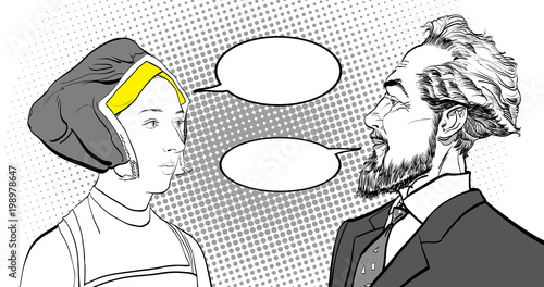 Medieval woman and bearded man. Portrates.