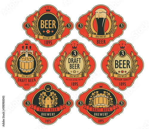 Vector set of ornate beer labels in figured frames on a red background with barrel, beer glass, mill, laurel wreath, ears of wheat and crown